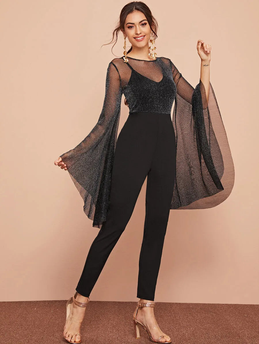 Flounce Sleeve Glitter Mesh Bodice Jumpsuit Periwinkley Shop