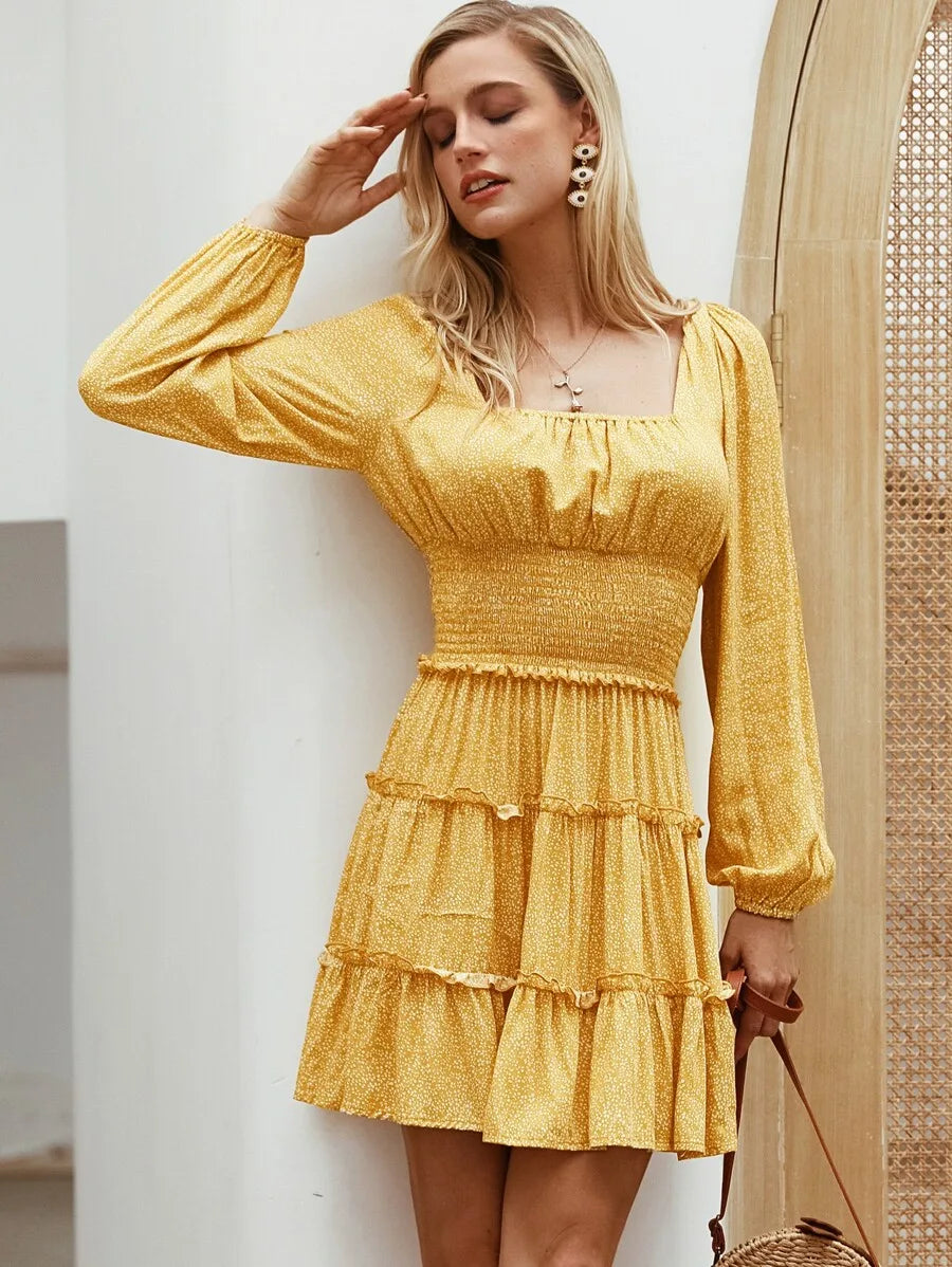 Simplee Dot Print Layered Frill Trim Shirred Dress Periwinkley Shop