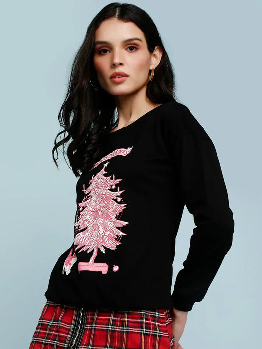 GRAPHIC PRINT SOLID BLACK CUTE SWEATSHIRT Periwinkley Shop
