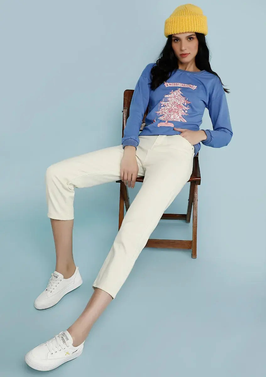 Graphic Print Solid Blue Cute Sweatshirt Periwinkley Shop