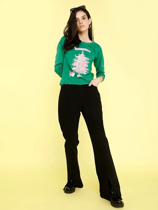 Graphic Print Solid Green Cute Sweatshirt Periwinkley Shop