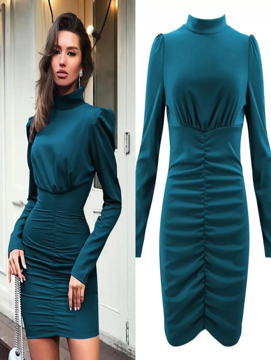 Turtleneck long sleeve hip pleated dress Periwinkley Shop