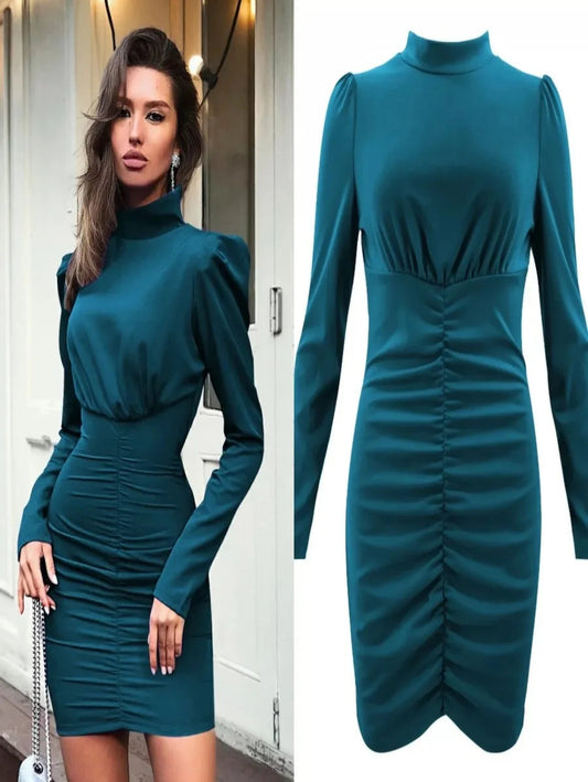 Turtleneck long sleeve hip pleated dress Periwinkley Shop