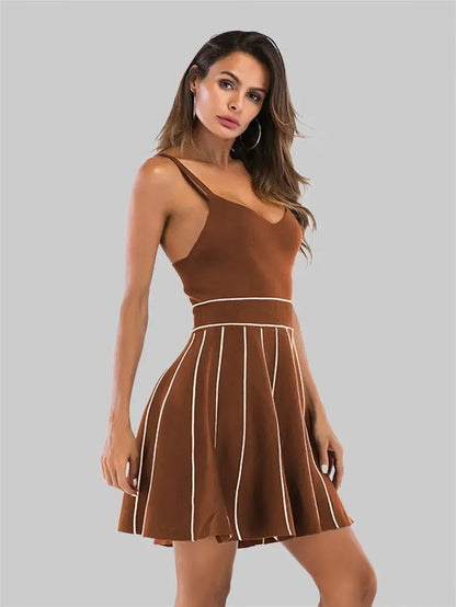 In Brown Contrast Stitch Pleated Skater Dress Periwinkley Shop