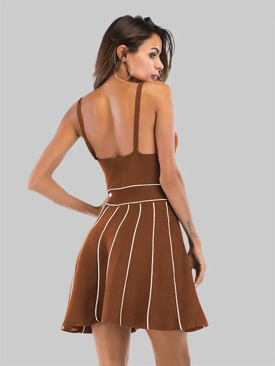 In Brown Contrast Stitch Pleated Skater Dress Periwinkley Shop