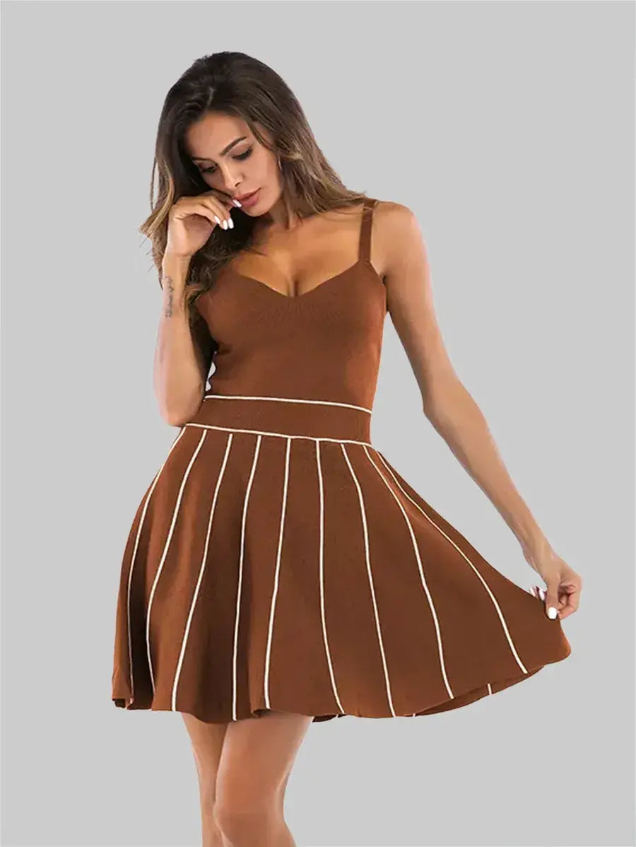 In Brown Contrast Stitch Pleated Skater Dress Periwinkley Shop