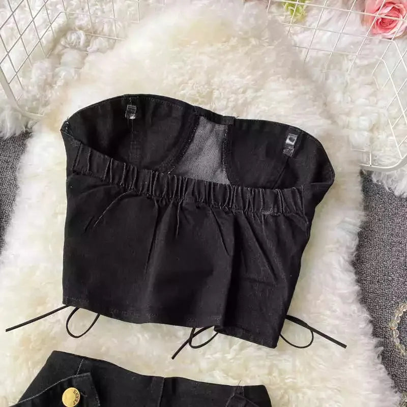 Two Piece Set Denim  Short Strapless Bra Top Retro Denim Shorts Periwinkley Shop
