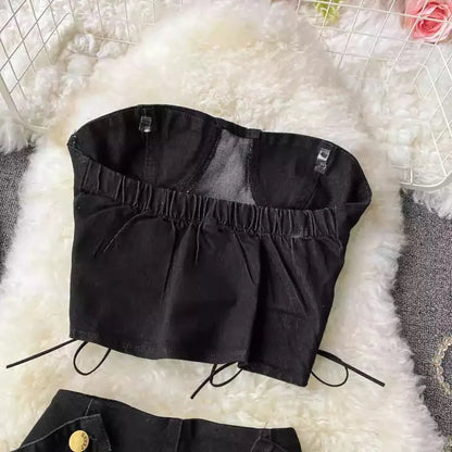 Two Piece Set Denim  Short Strapless Bra Top Retro Denim Shorts Periwinkley Shop