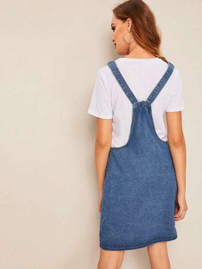 Button Up Thick Strap Y-Back Denim Dress Periwinkley Shop