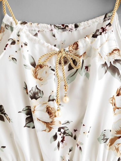 Floral Print Random Self Tie Neck Cami Romper Periwinkley Shop