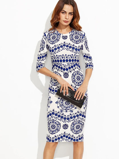 Porcelain Print Pencil Dress Periwinkley Shop