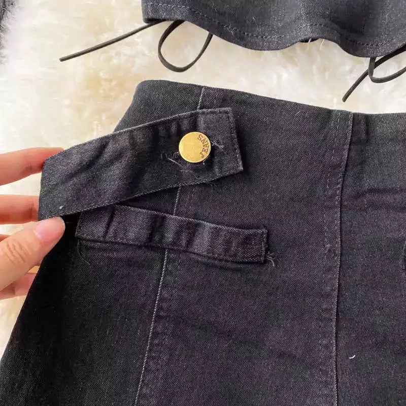 Two Piece Set Denim  Short Strapless Bra Top Retro Denim Shorts Periwinkley Shop