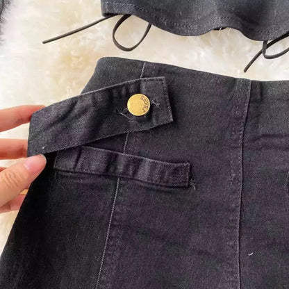 Two Piece Set Denim  Short Strapless Bra Top Retro Denim Shorts Periwinkley Shop