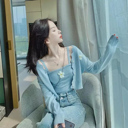 2 Piece Set Women Cardigan Ribbed Knitted Camisole Outfit Periwinkley Shop