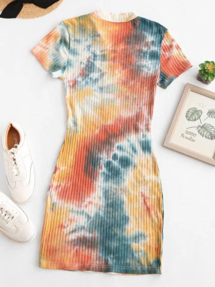 Half Zip Tie Dye Wide Rib Bodycon Dress Periwinkley Shop