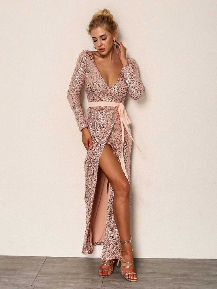 Split Wrap Sequin Belted Dress Periwinkley Shop