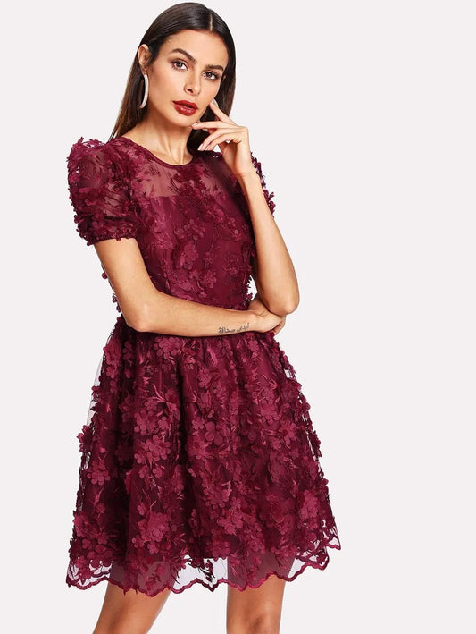 Floral Applique Puff Sleeve Mesh Overlay Dress Periwinkley Shop