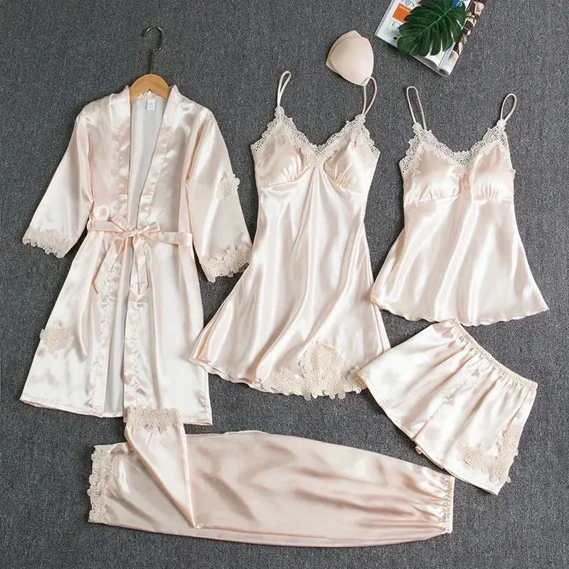 Victoria Summer Silk Pajamas 5 Piece loungewear  - Beige Periwinkley Shop