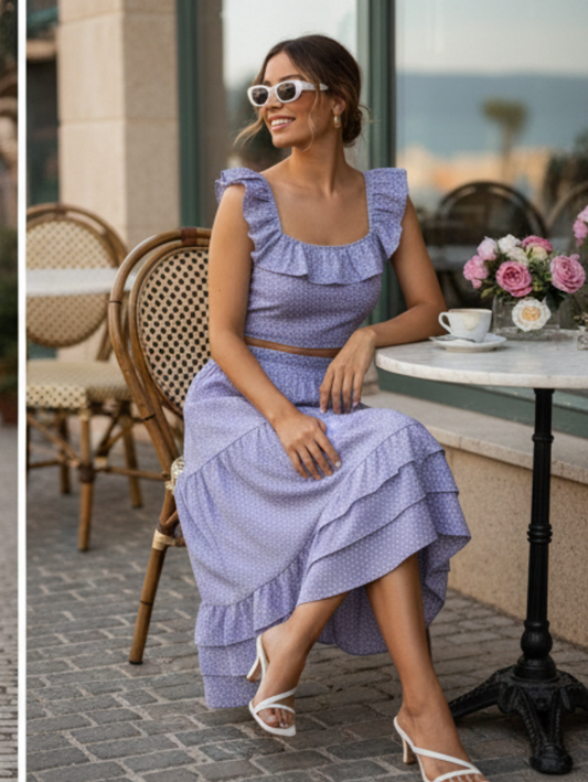 Lilac Ditsy Print Ruffle Top & Skirt Set