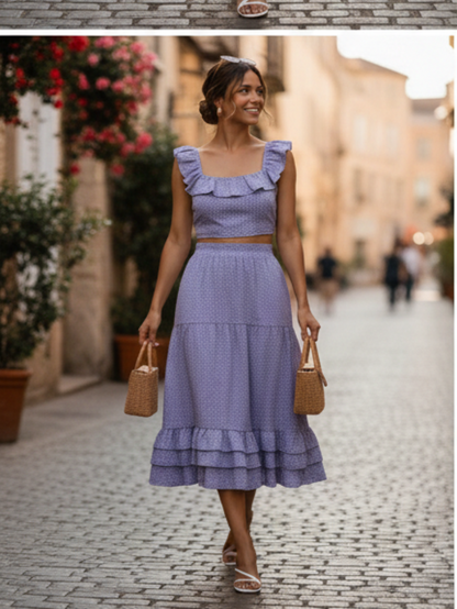 Lilac Ditsy Print Ruffle Top & Skirt Set