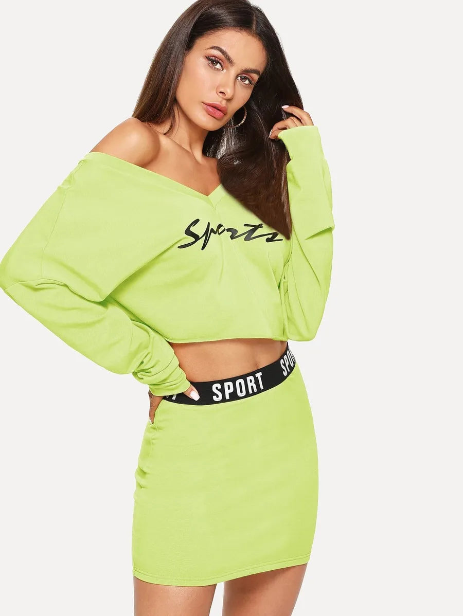 Double V Neckline Letter Pullover and Bodycon Skirt Set Periwinkley Shop