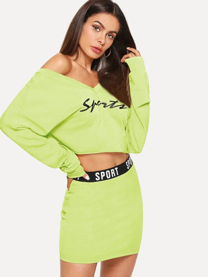 Double V Neckline Letter Pullover and Bodycon Skirt Set Periwinkley Shop