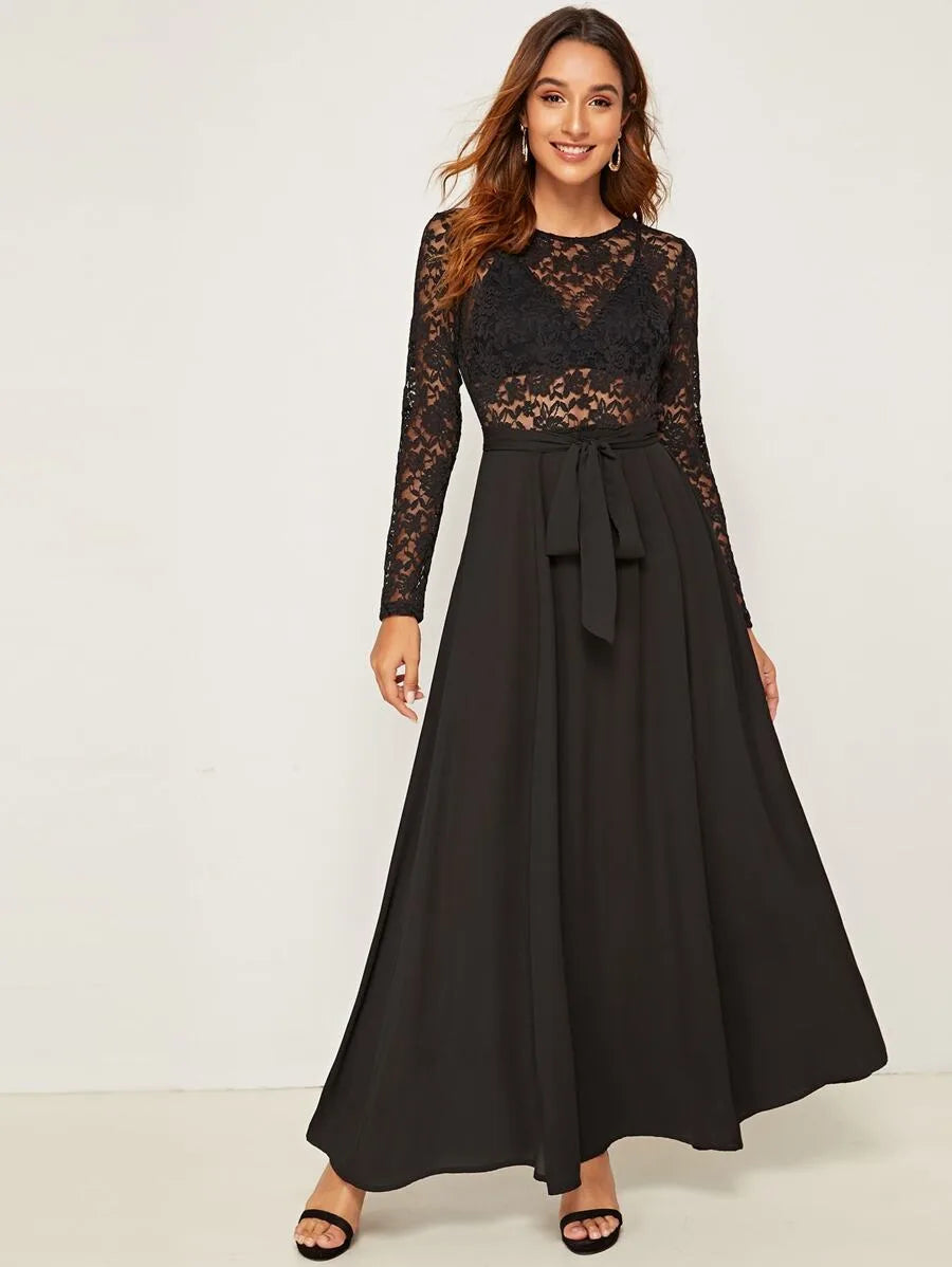 Sheer Lace Bodice Self Belted Flared One Piece Dress Periwinkley Shop