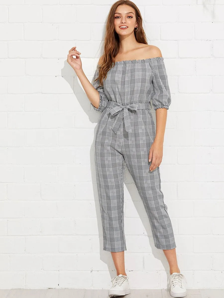 Off Shoulder Tie Waist Plaid Jumpsuit Periwinkley Shop