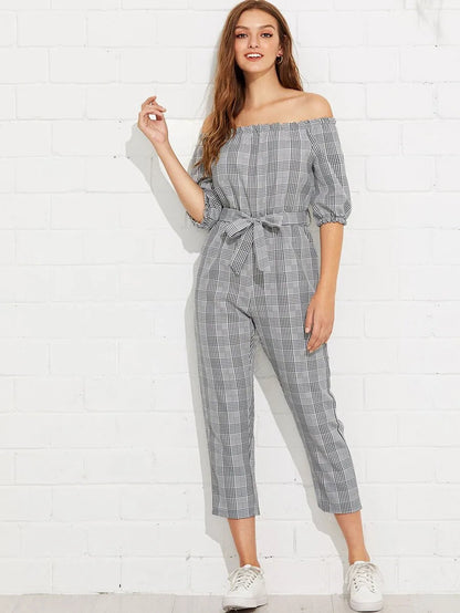 Off Shoulder Tie Waist Plaid Jumpsuit Periwinkley Shop