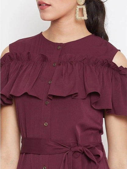 Ruffled buttoned cold shoulder maxi dress Periwinkley Shop