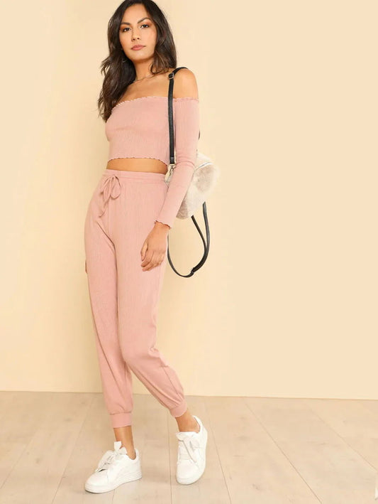 Crop Bardot Top & Pants Set Periwinkley Shop