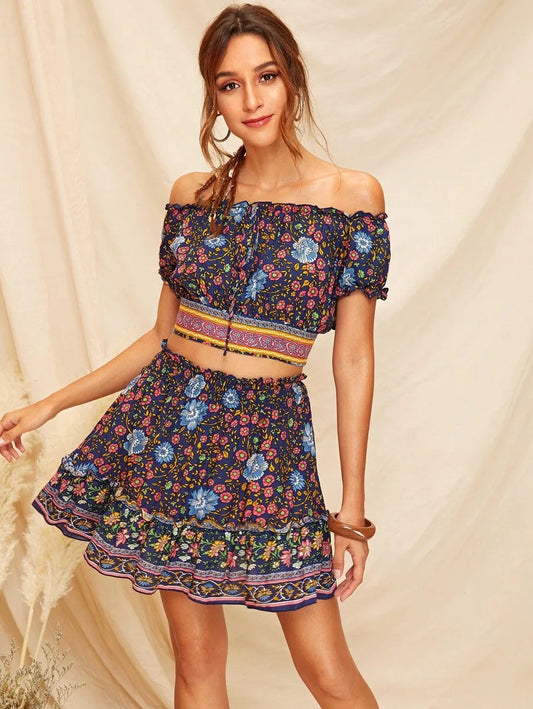 Off Shoulder Ditsy Floral Shirred Crop Top & Skirt Set Periwinkley Shop