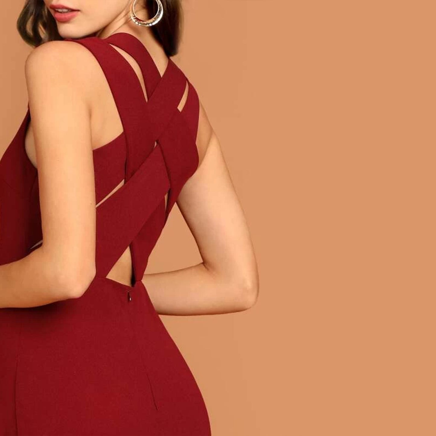 Red Criss Cross Split Back Sleeveless Pencil Dress