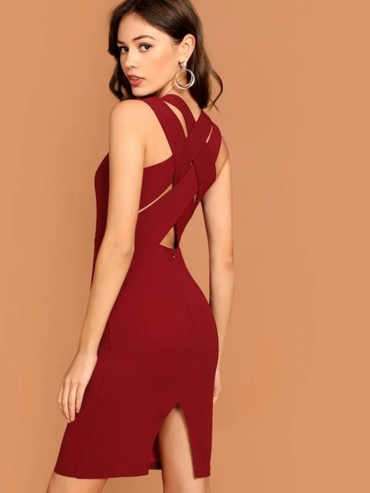 criss cross split back sleeveless pencil dress Periwinkley Shop