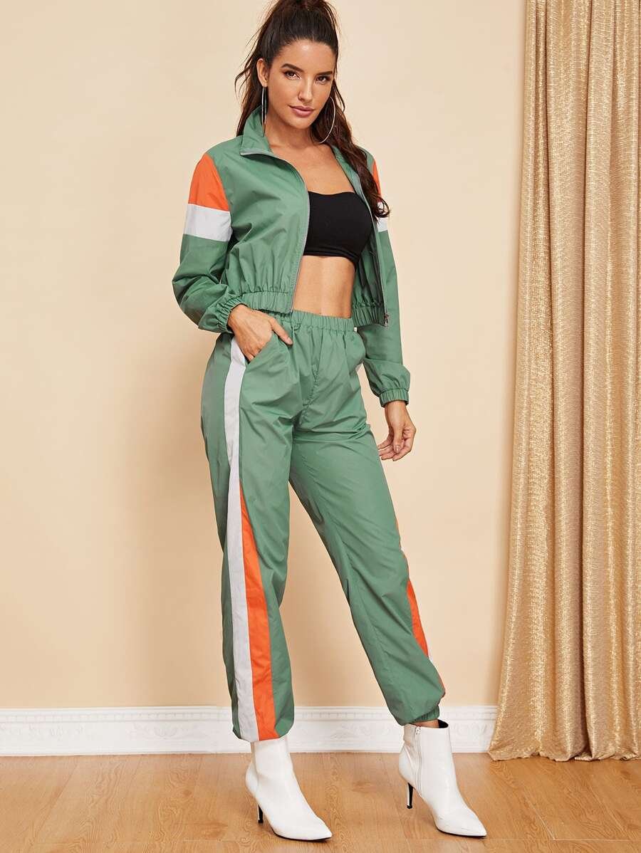 Zip Up Color Block Jacket & Pants Set Periwinkley Shop