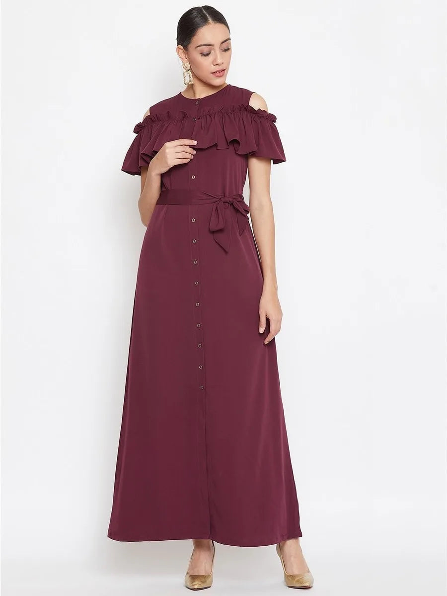 Ruffled buttoned cold shoulder maxi dress Periwinkley Shop