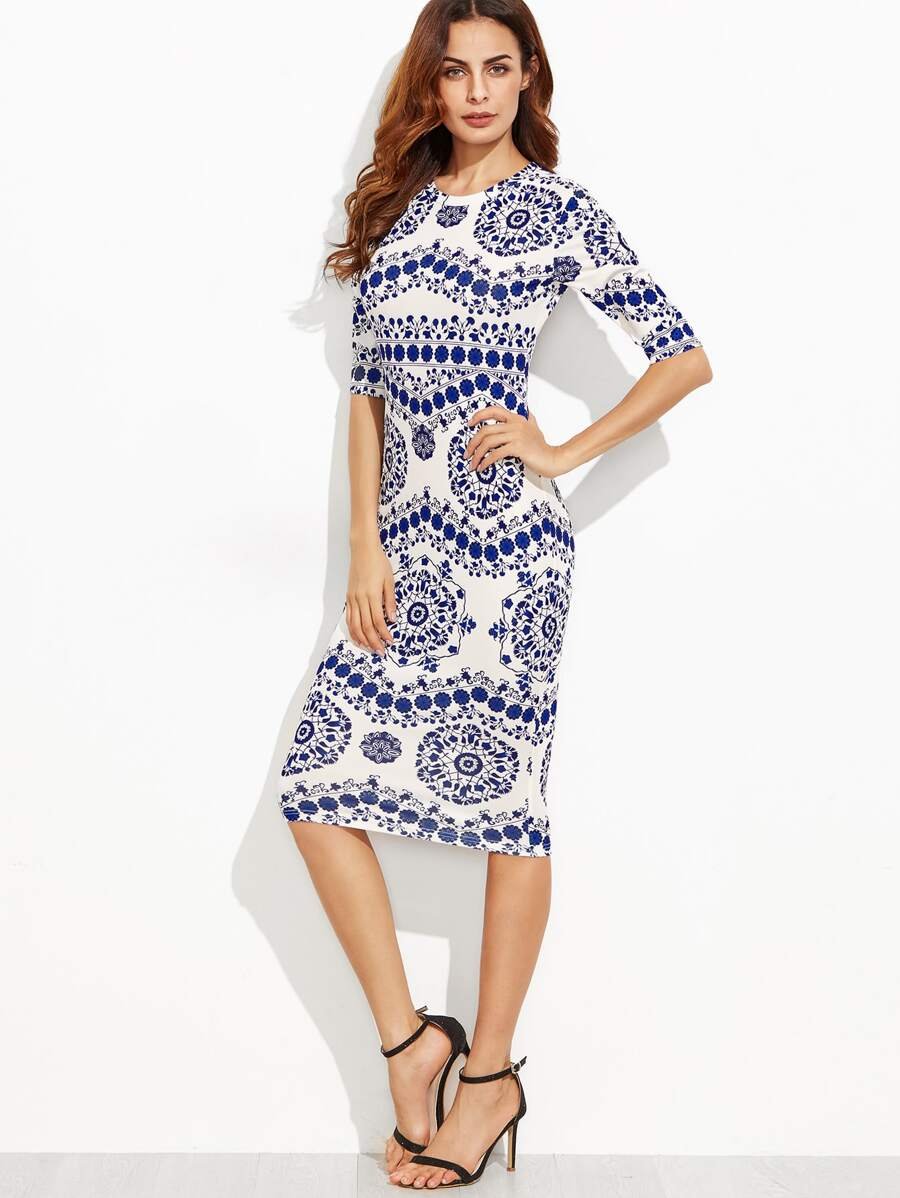 Porcelain Print Pencil Dress Periwinkley Shop