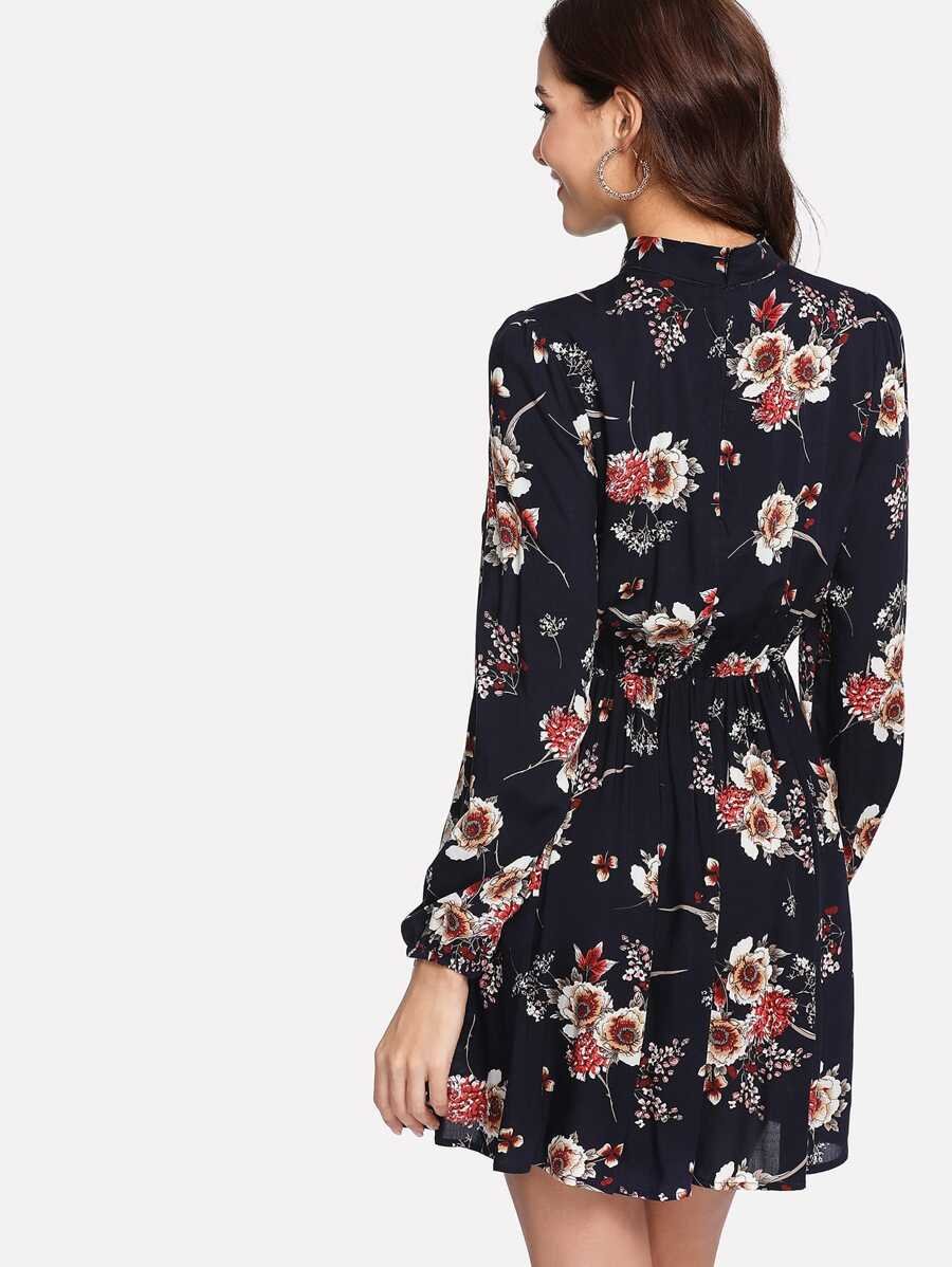 Tie Neck Flower Print Dress Periwinkley Shop