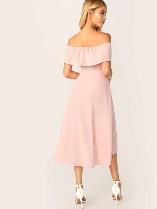 Solid Ruffle Trim Asymmetrical Hem Bardot Dress Periwinkley Shop