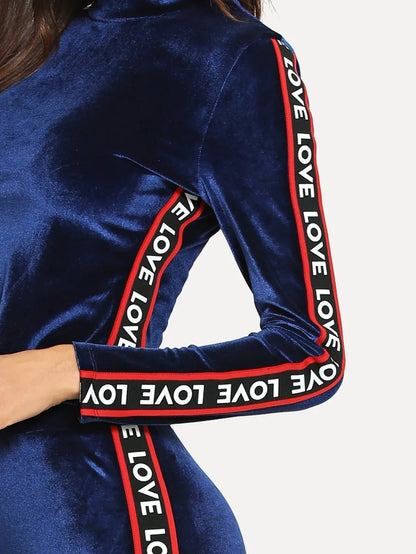 Lettered Tape Detail Velvet Top & Pants Set Periwinkley Shop