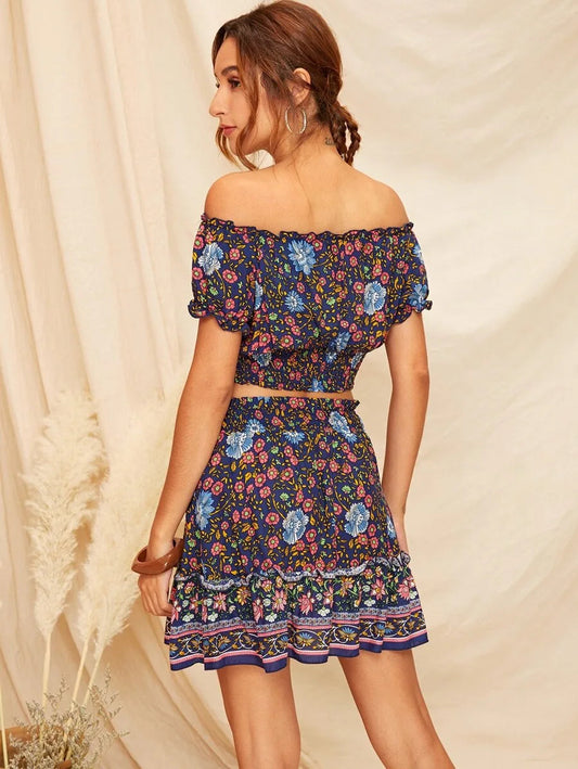 Off Shoulder Ditsy Floral Shirred Crop Top & Skirt Set Periwinkley Shop