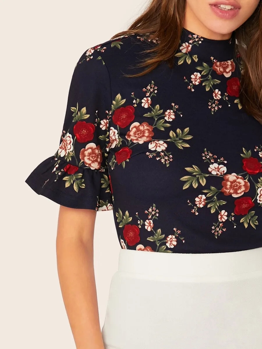 Mock-Neck Ruffle Cuff Floral Print Top Periwinkley Shop