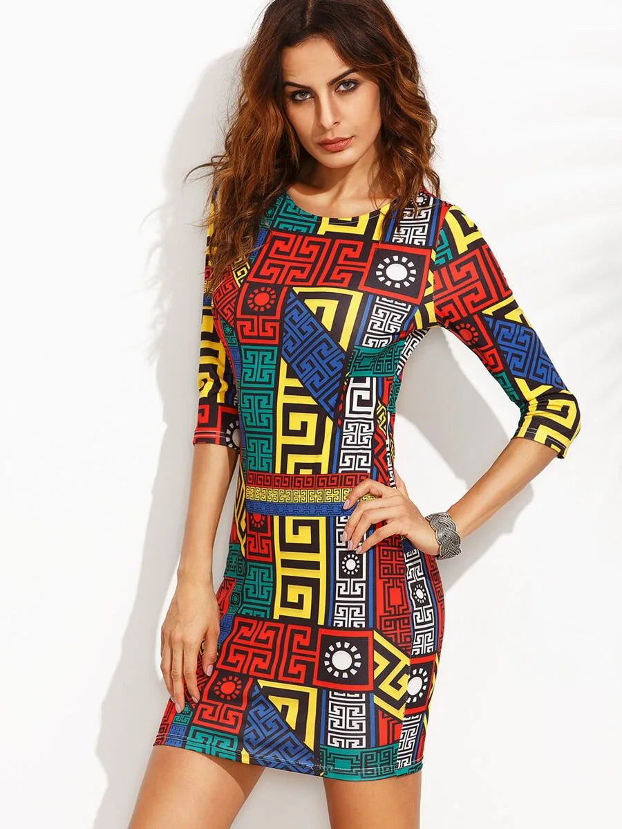 Greek Key Print Slim Fit Dress Periwinkley Shop