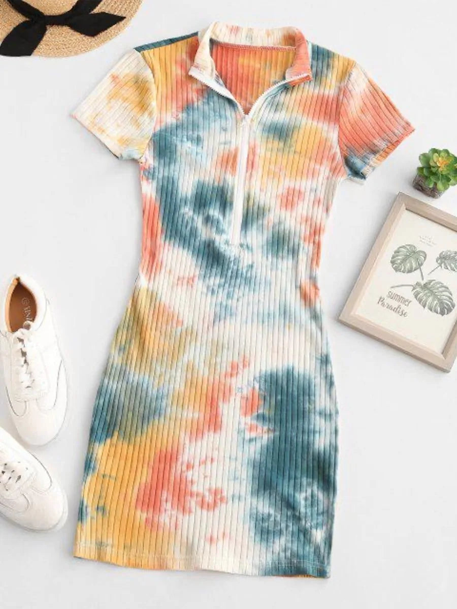 Half Zip Tie Dye Wide Rib Bodycon Dress Periwinkley Shop