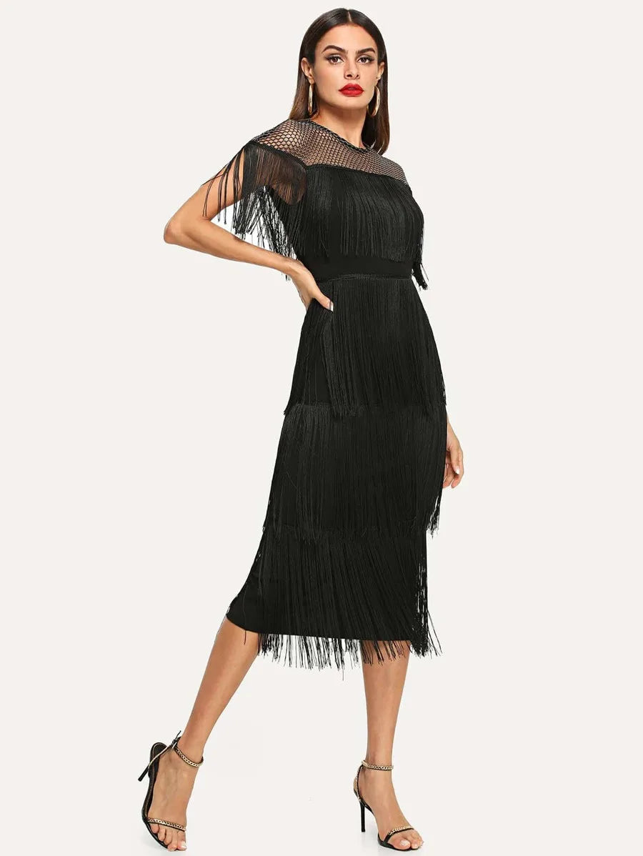 Fishnet Yoke Layered Fringe Dress Periwinkley Shop