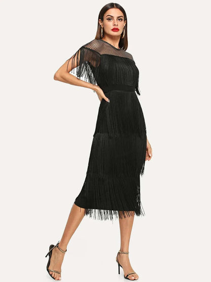 Fishnet Yoke Layered Fringe Dress Periwinkley Shop