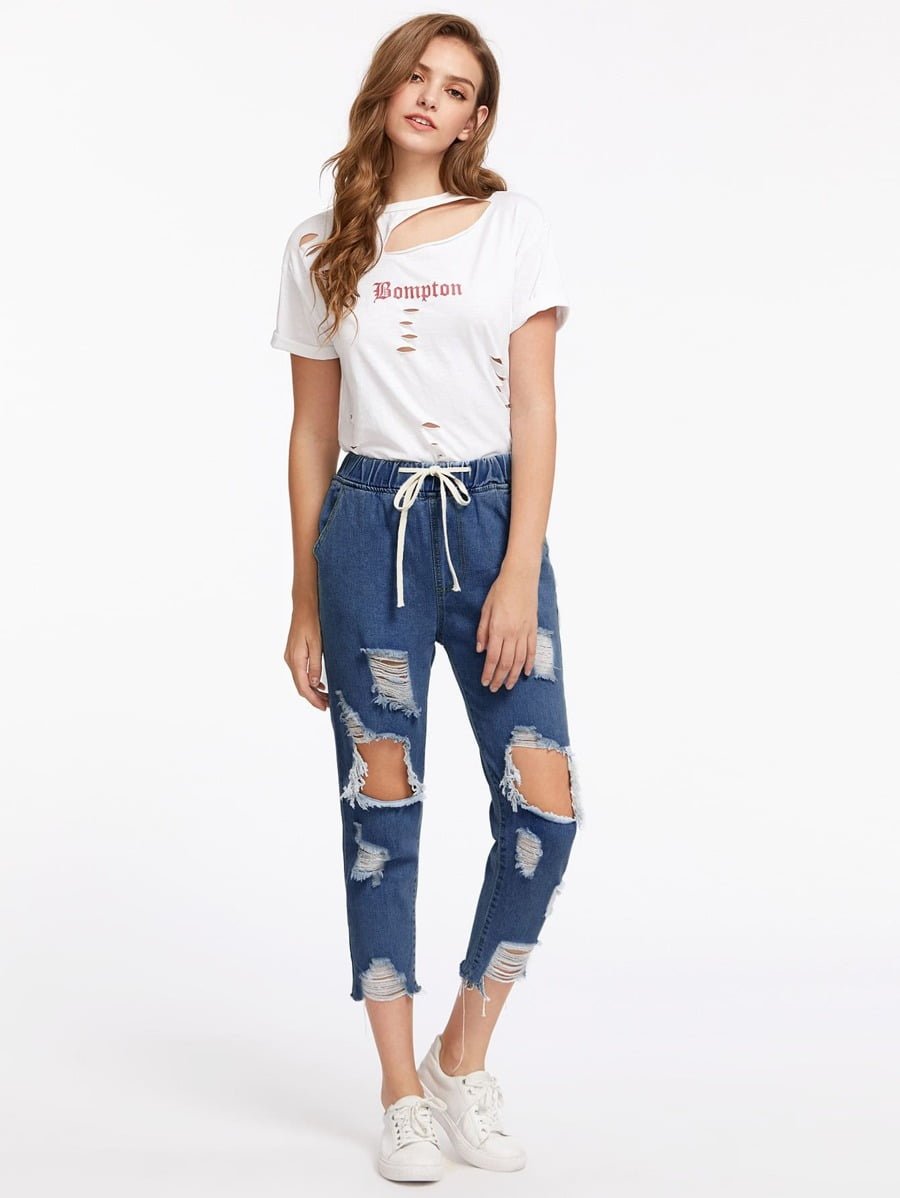 Extreme Destroyed Raw Hem Drawstring Waist Crop Boyfriend Jeans Periwinkley Shop