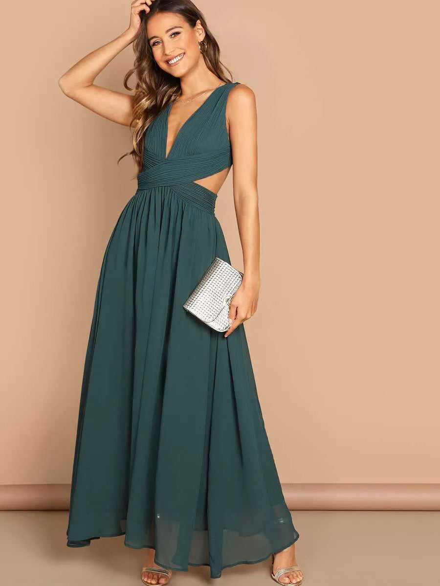 Open Back Ruched Top Flowy Prom One Piece Dress Periwinkley Shop