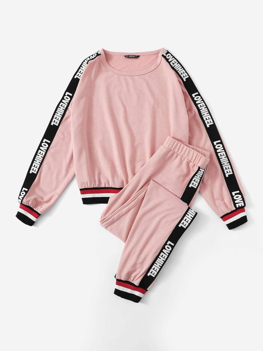 Contrast Letter Tape Side Pullover & Pants Set Periwinkley Shop