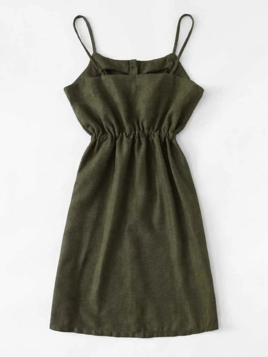 Single Breasted Drawstring Waist Pocket Side Dress Periwinkley Shop